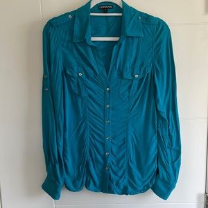1546- Express teal long sleeve draped details button down top- small
